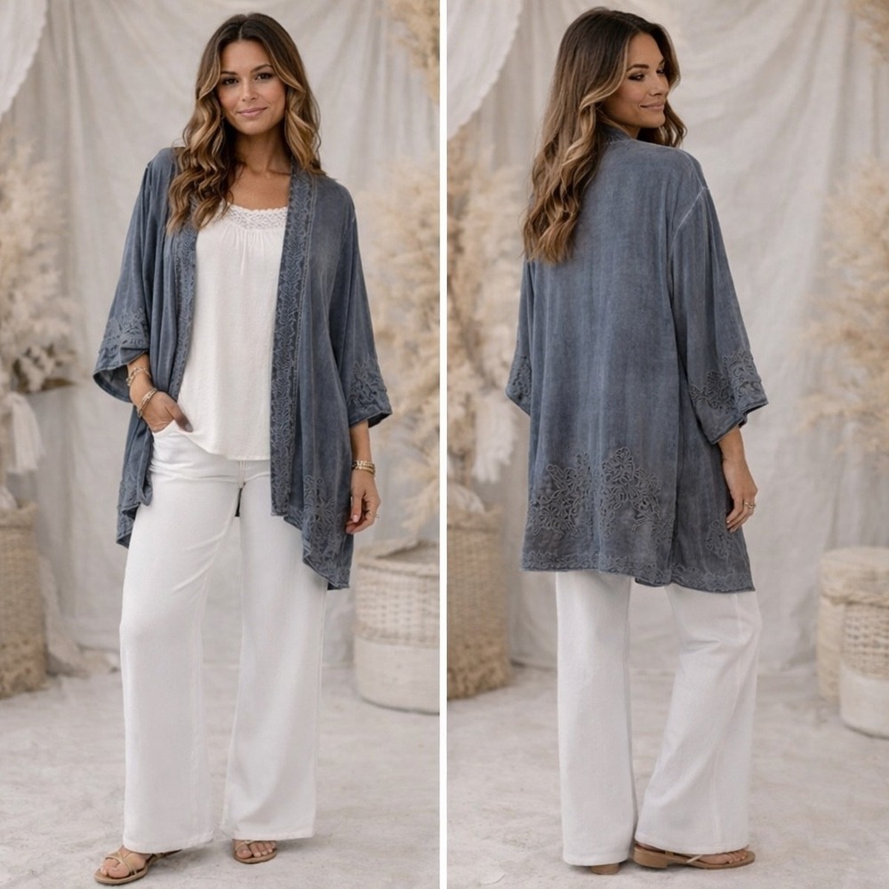 Andree By Units Boho Peasant Chic Blue Floral Embroidered Open Front Kimono 1X